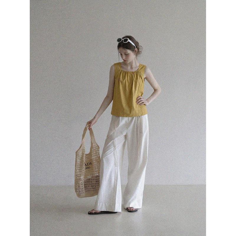 Yellow sleeveless top women's summer new niche French doll shirt suspender vest shirt