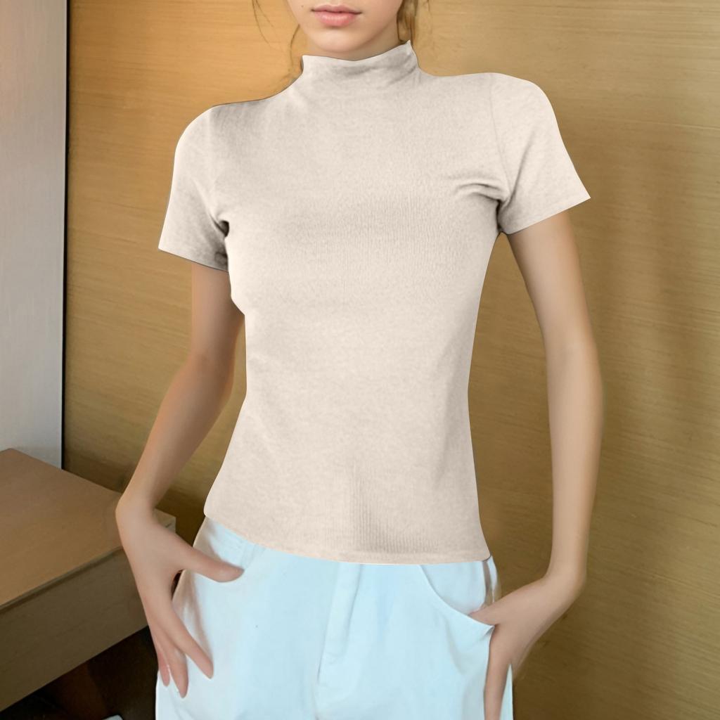 Women's Semi-high Neck With A Slim Short Sleeved Shoulder T-shirt Top