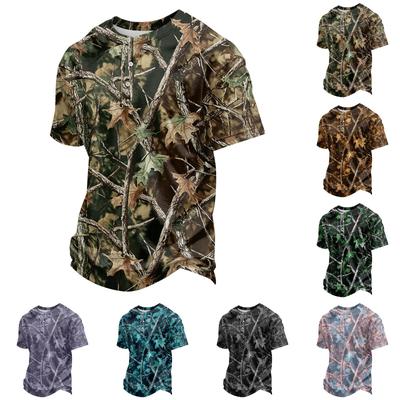 Men's Casual Button Neck Lightweight Breathable Short Sleeve Shirt Camouflage Print Design Suitable for Outdoor Activities and Daily Wear