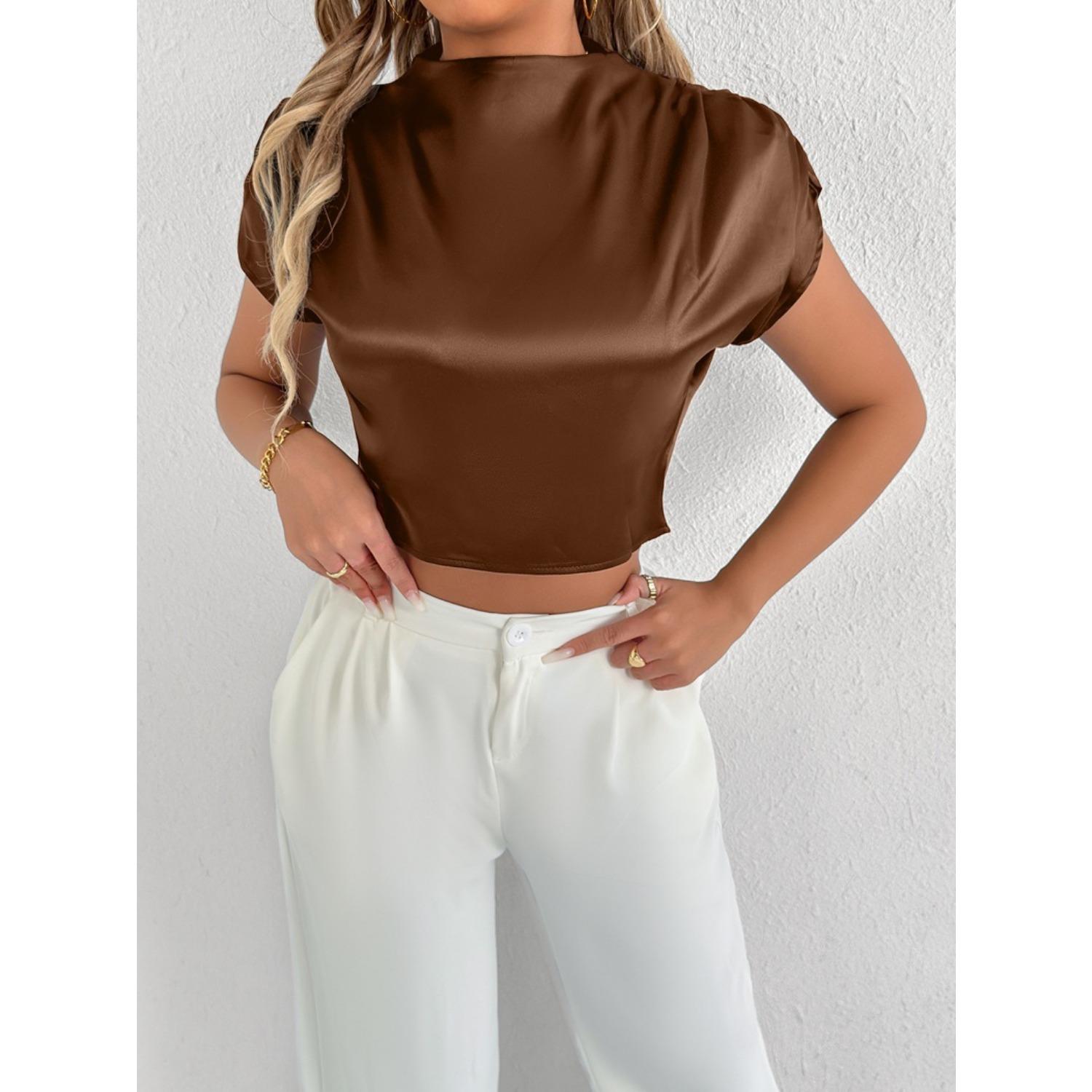 

Летние атласные рубашки Модные однотонные Высококачественные женские блузки и рубашки с коротким рукавом L темно-коричневого