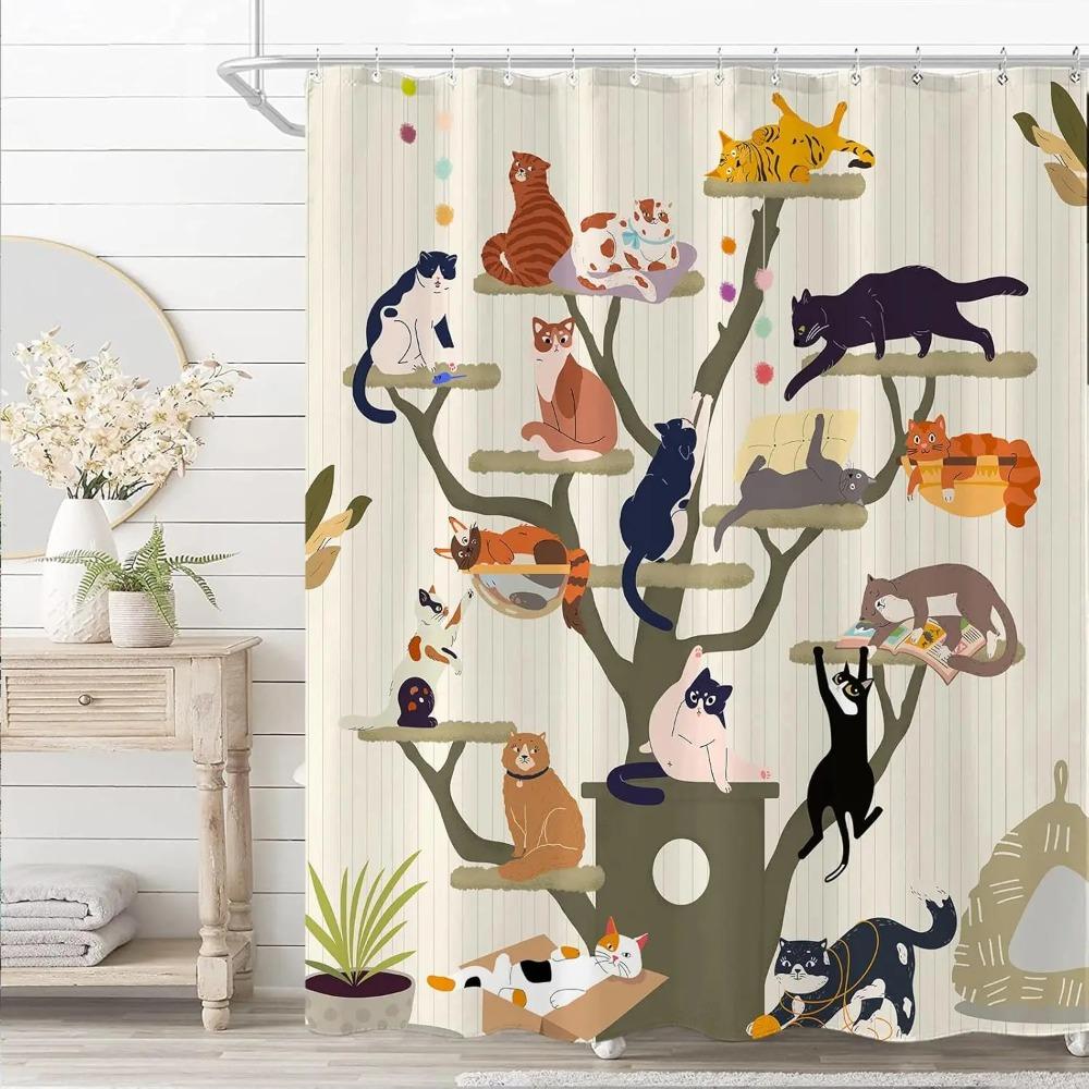 Funny Cartoon Cat Tree Printed Shower Curtain Cute Boho Anime Kittens For Bathroom Decor