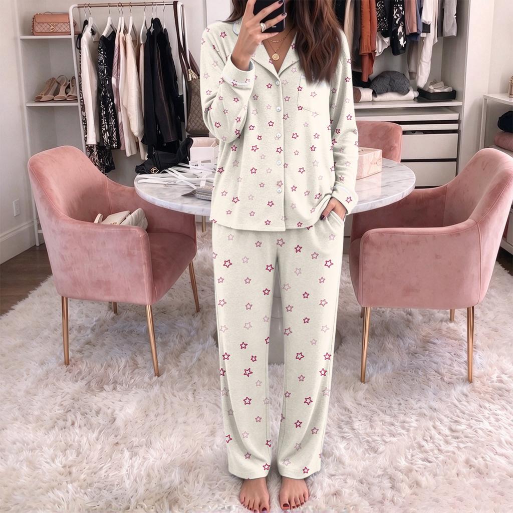 Women's Fashion Print Pajama Set Long Sleeve Button Down Top and Pants with Pockets V-Neck Set