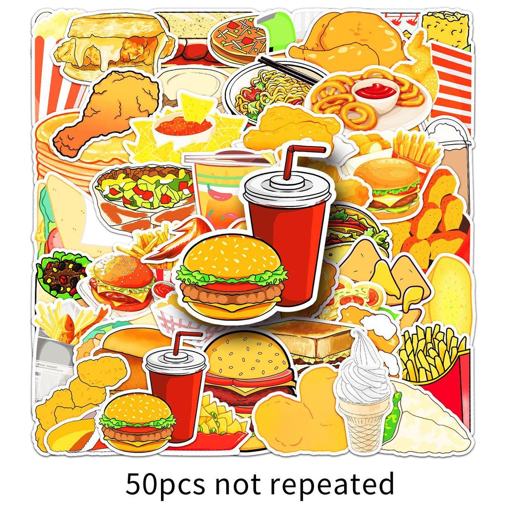 50pcs Cartoon Fast Food Stickers: Fried Chicken, Burger, Foodie Graffiti, Waterproof for Decoration, Fridge, Journal