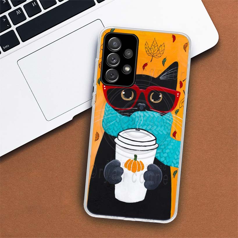 Latte Kávový Mléčný Nápoj Kočka Pouzdro na Telefon Pro Samsung Galaxy A53 A52 A73 A72 A12 5G A13 A22 A23 A32 A33 A02S A03S A42 A43 A50S Coqu