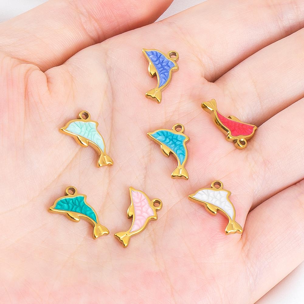 2pcs 6pcs 10pcs Stainless Steel Pendant Enamel Dolphin Charms for DIY Bracelet Jewelry Making Necklce Keychain Pendants Earrings