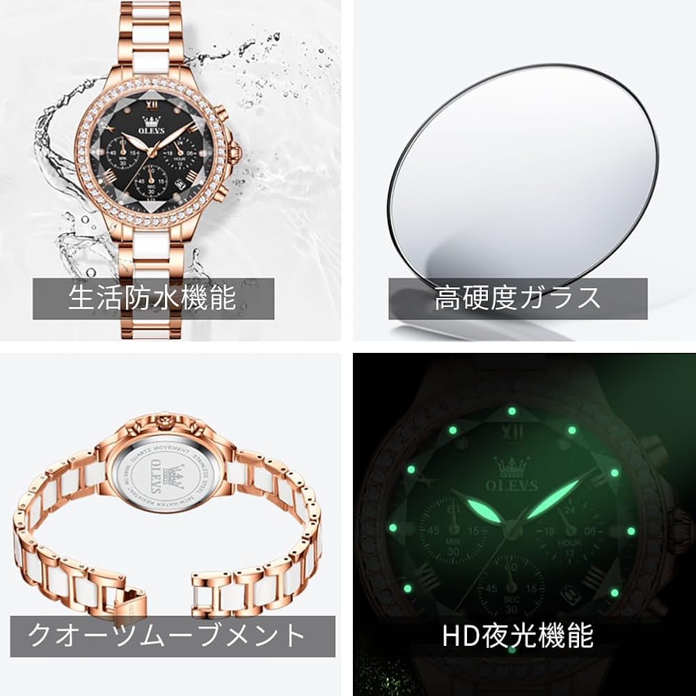 OLEVS Women's Ceramic Quartz Watch Elegant Waterproof Date Display Luminous Black