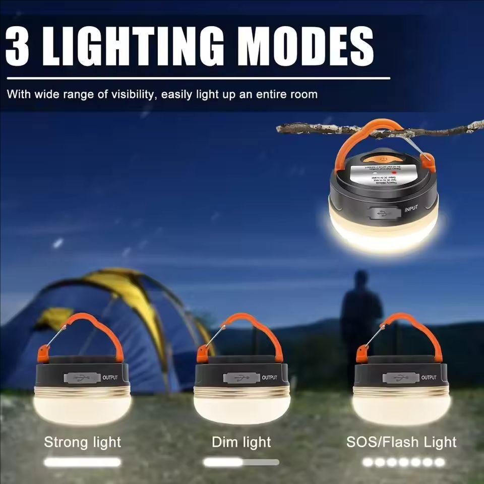 USB Rechargeable Portable Camping Tent Light 3 Modes Waterproof Outdoor Tent Lamp Lightweight Night Hanging Hook Emergency Lamps