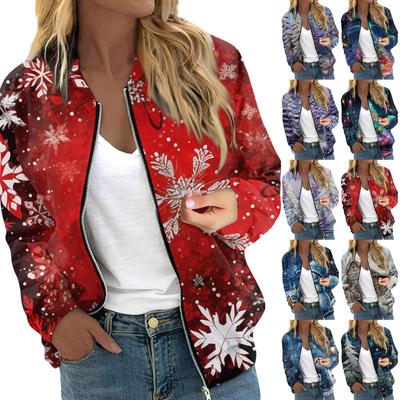 Women's Long Sleeved Lightweight Zipper Short Printed Jacket Casual Quilted Jacket With Pockets Christmas