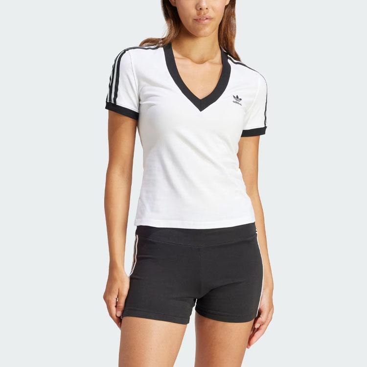 Adidas Originals 3-Stripes V-Neck Slim Short Sleeve T-Shirt Women Tops White IR8114