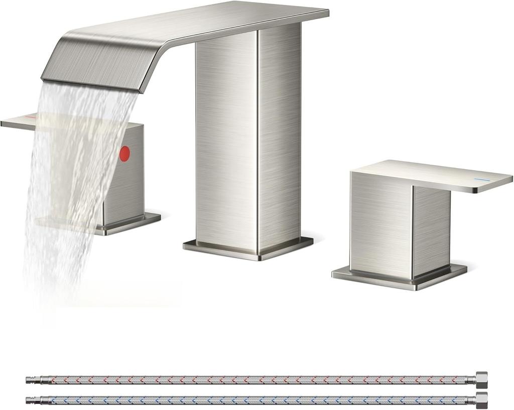 Bathroom Waterfall 3 Holes Basin Faucet, 2 Handles Cold Hot Water Mixers Sink Taps Black Chrome Brushed Gold