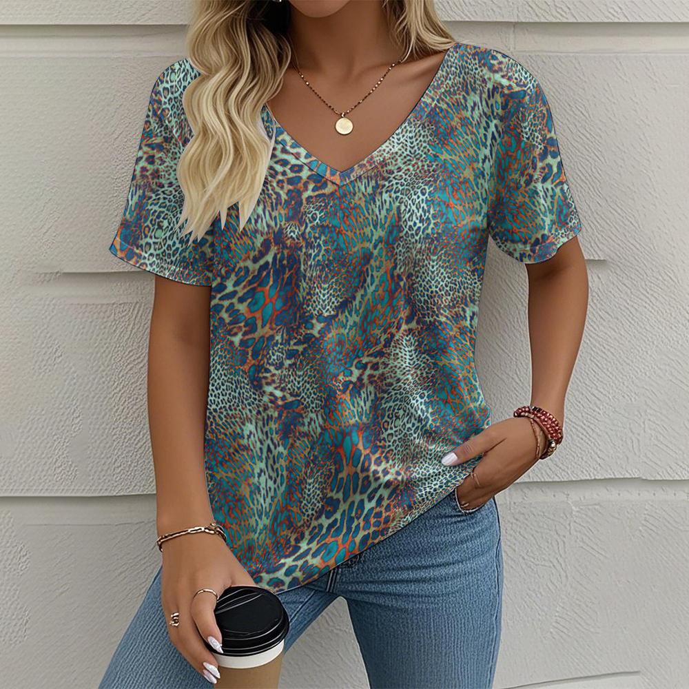 Damen T-Shirt mit Leopardenmuster Lässiges Muster Print Sommer Retro Kleidung, Outdoor V-Ausschnitt Kurzarm Street Fashion