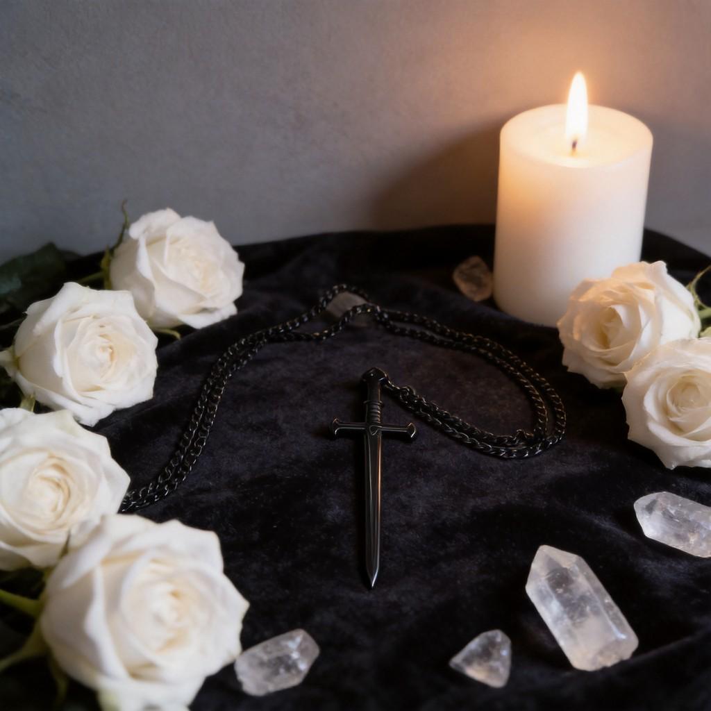 Gothic Black Long Sword Pendant With Cross Chain For Women