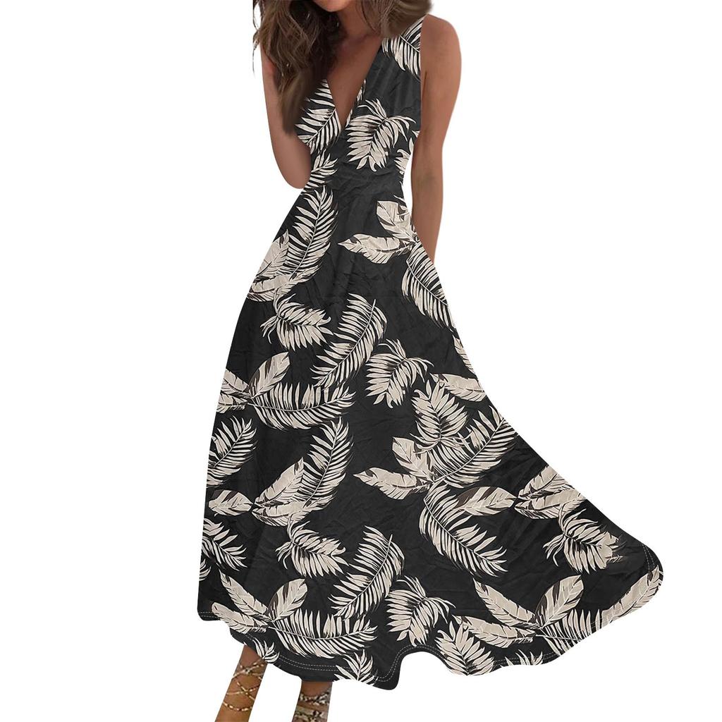 Women's Fashion Casual Loose V-Neck Sleeveless Printed Dresses