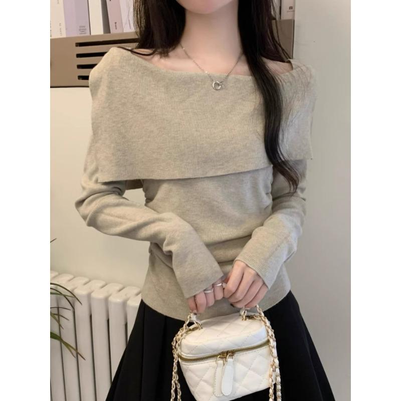 Design Sense One-word Shoulder Lapel Long-sleeved Knitted Sweater Women's Inner Slim-fitting Sweet and Spicy Bottom Sweater Outer Top