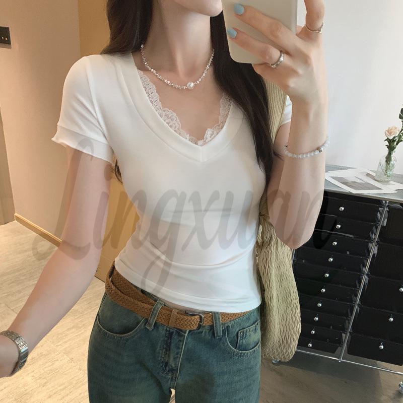 Korean Chic White Lace Spliced Slim T-Shirt for Women - Summer 2026 Large белый