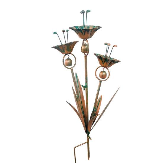 Flamed Copper Three Calla Lilies Garden Stake with Bells, Metal Flower Yard Art Decor, Outdoor Wind Bell Stake for Lawns,