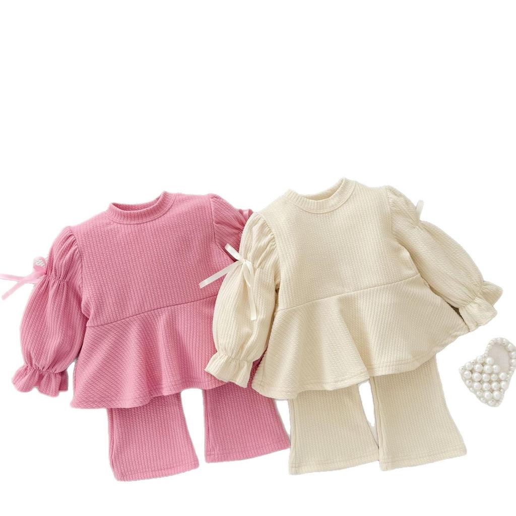Koreanischer Stil Mädchen Anzug Langarm mit Schleife Rüsche Ausgestellte Hose - Kleinkinder und Kleine Kinder