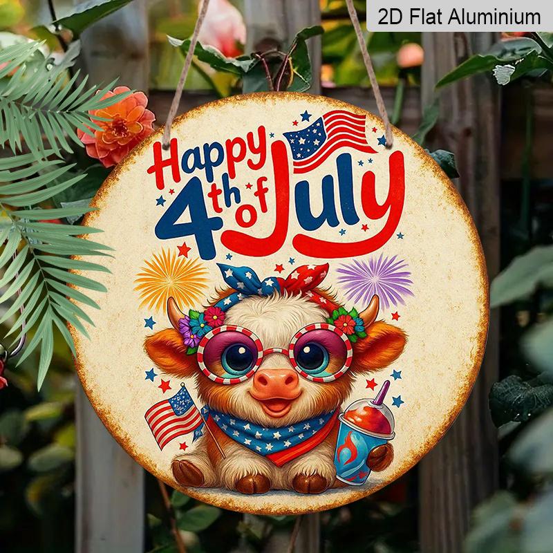 2D Flat, 1pc Round "Happy 4th of July" Highland Cow Aluminum Hanging Sign, Cute Patriotic USA Flag Firework Design, Vintage Metal Wall Decor, Perfect