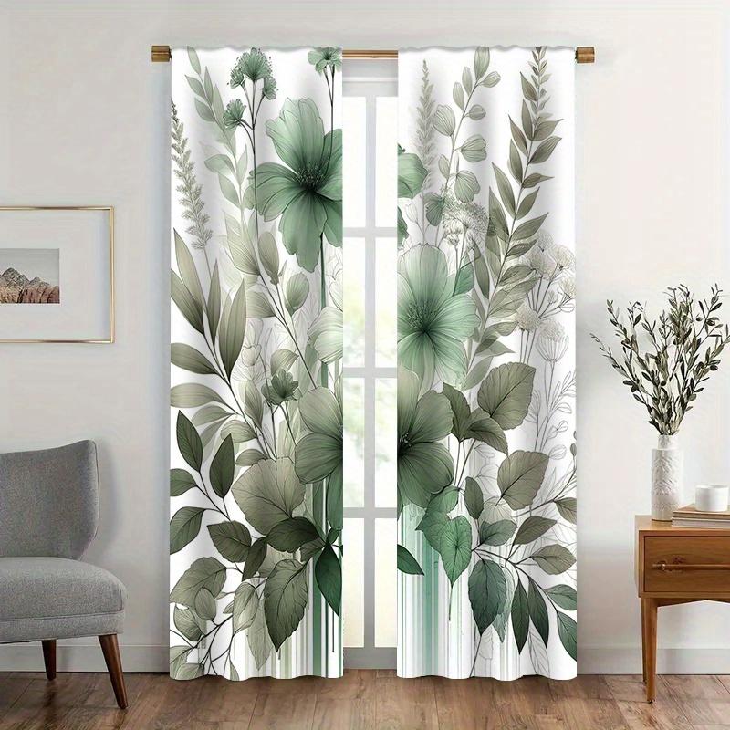 2pc Green plant leaf pattern curtains   polyester fabric   machine washable   suitable for bedroom and living room decoration