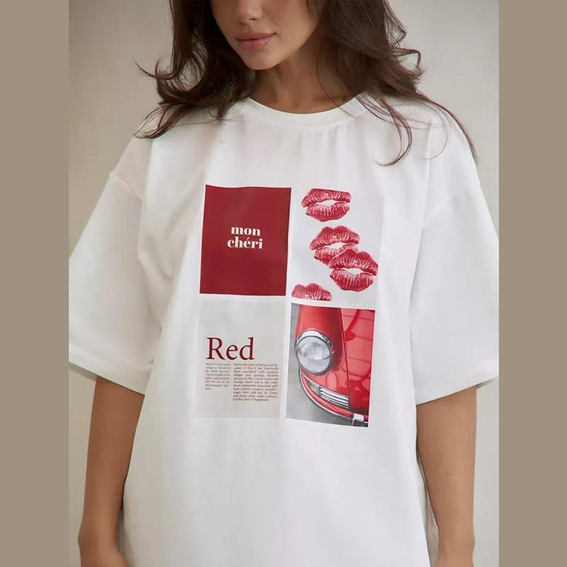 Bedrucktes Design Mittellanges Reines Baumwoll-T-Shirt Damen Sommer Vintage Locker Kurzärmeliges T-Shirt Täglich Lässig Damen Tops