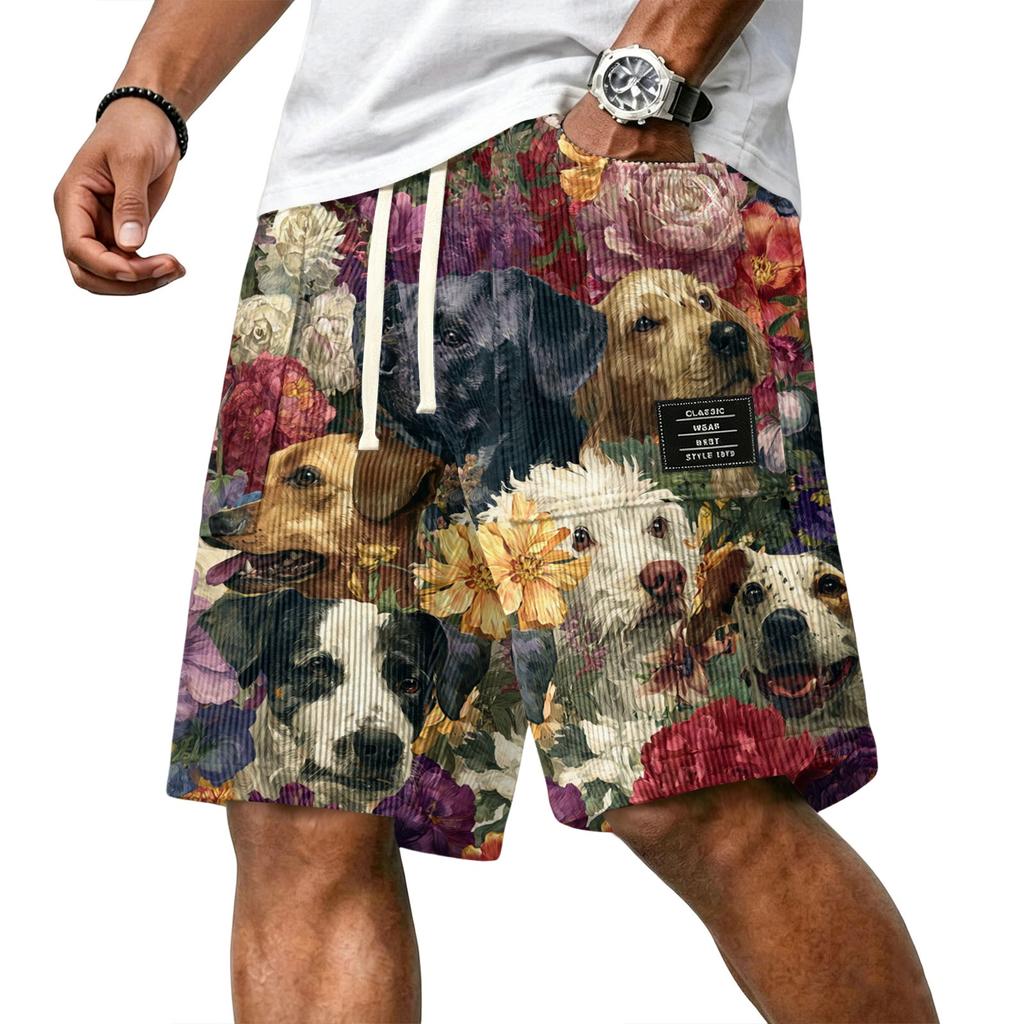 Men's Casual Corduroy Drawstring Shorts Hawaiian Style Floral Dog Print Lightweight Comfortable Fit Summer Beachwear