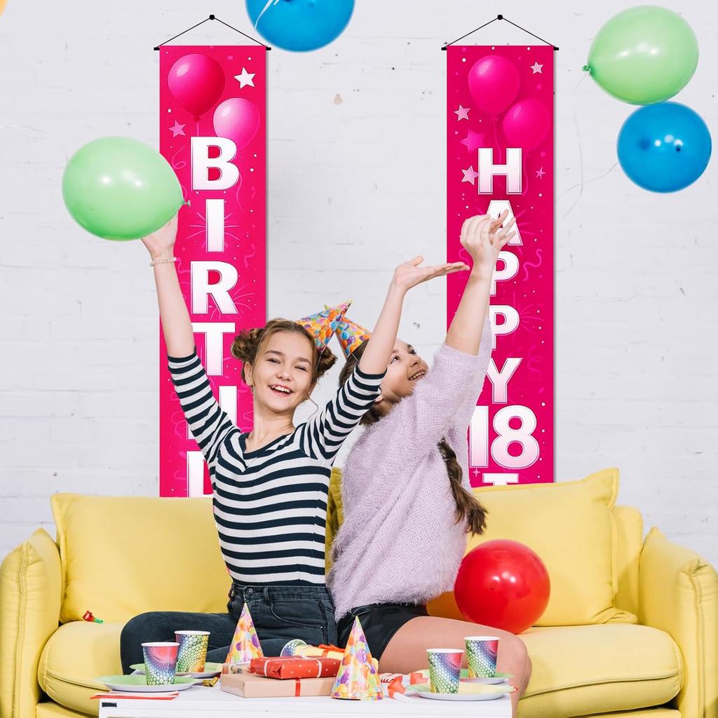 18th Birthday Door Banner 12x72 Inch Pink Gradient Backdrop with White Letters Balloon Cake Star Streamer and Graphics Happy Birthday Sign for Party