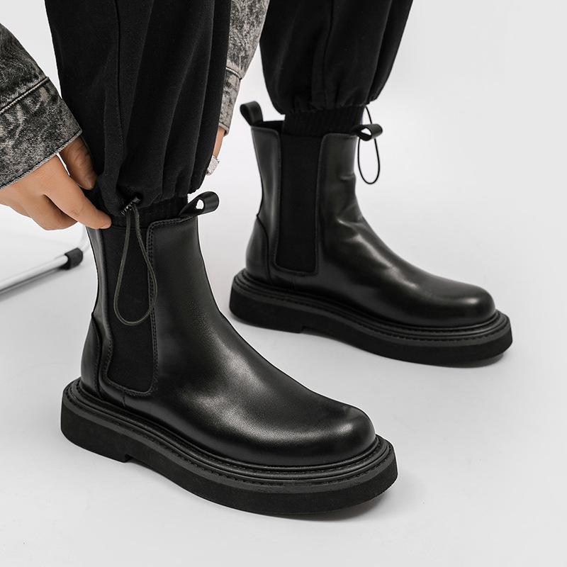 

British leather Chelsea boots men s trendy high-sense cigarette tube Martin boots retro medium boots platform high-top leather shoes 44