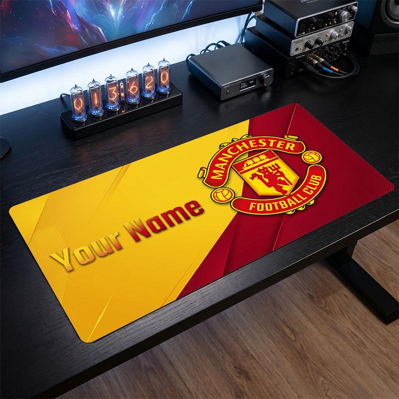 Tappetino per Mouse Grande Personalizzato Manchester United, Stampa Testo Nome Personalizzato, Tappetino da Scrivania Antiscivolo con Logo Calcio, Regalo per Gamer