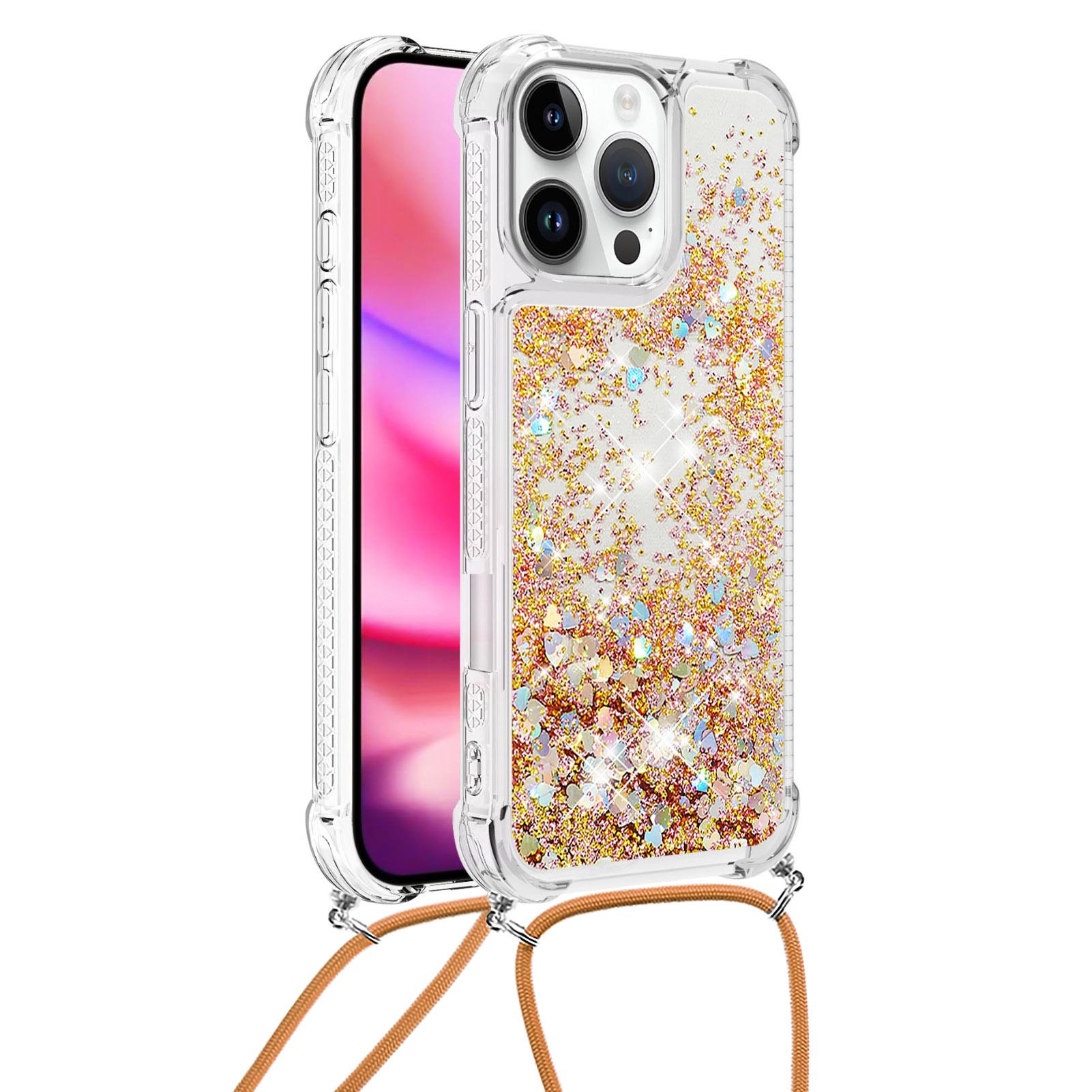 

For iPhone 16 Pro TPU Case Quicksand Design Phone Cover with Lanyard Gold/Hearts