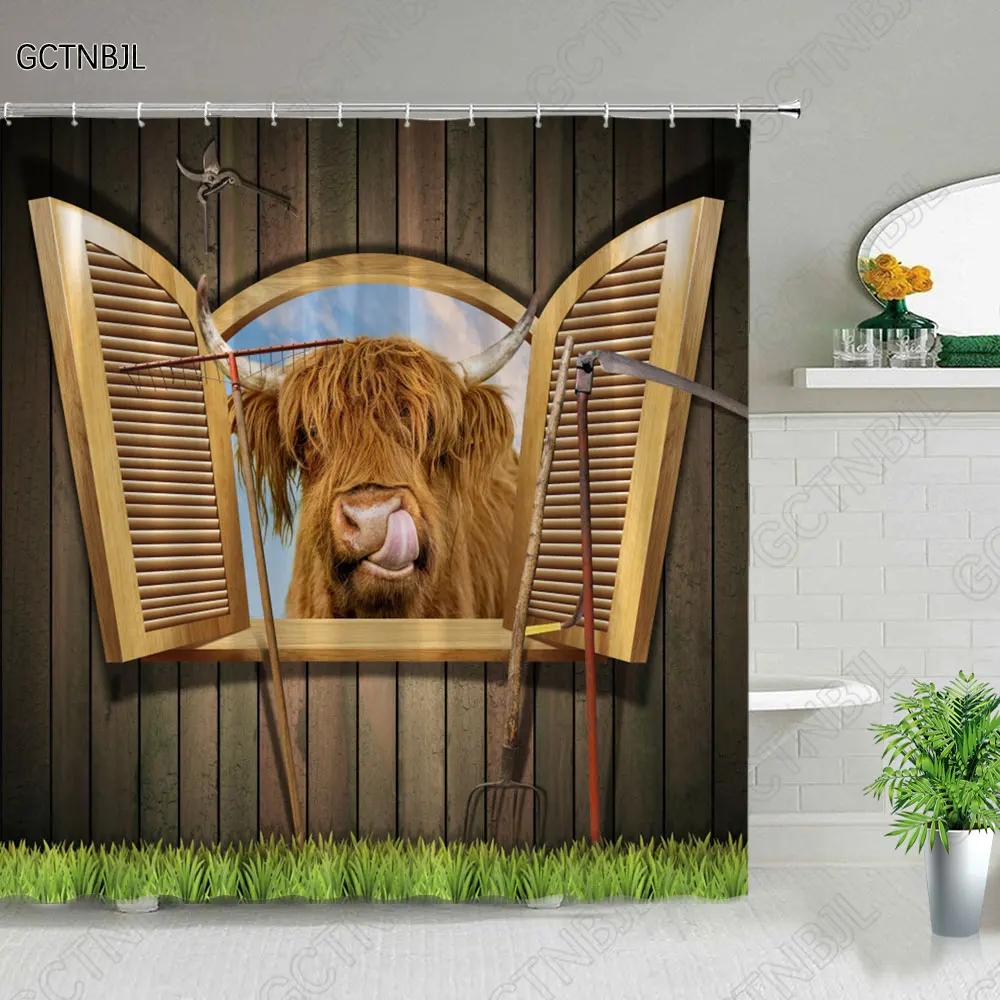 Funny Highland Bull Shower Curtains Set Western Bull Portrait Brown Wood Panel Rustic Landscape Barn Bath Curtain Bathroom Decor