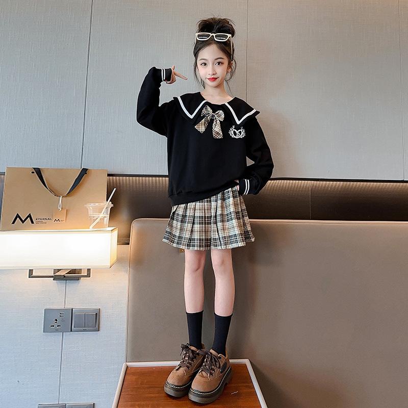 Zimní oblečení pro dospívající dívky Námořnický límec Pletený svetr a kostkované plisé Souprava sukní Dětský horní a spodní díl 2 kusy oblečení