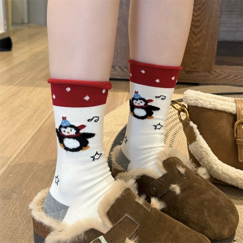 Cartoon, Trendy and Cute Penguin Socks, Women's Mid-calf Socks, Pure Cotton Boneless Creative and Cute Animal Pile Long Socks