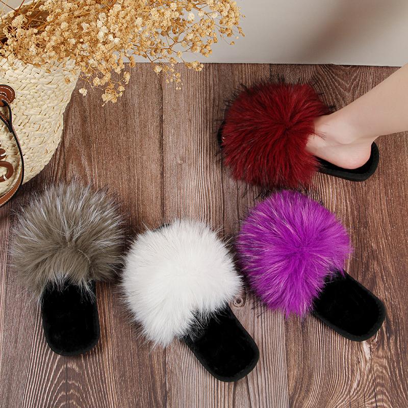 Fashion Slippers for Women Slides Long Plush Flat Low Heels Shoes Woman Peep Toe Solid Warm Fur Women Slippers Plus Size