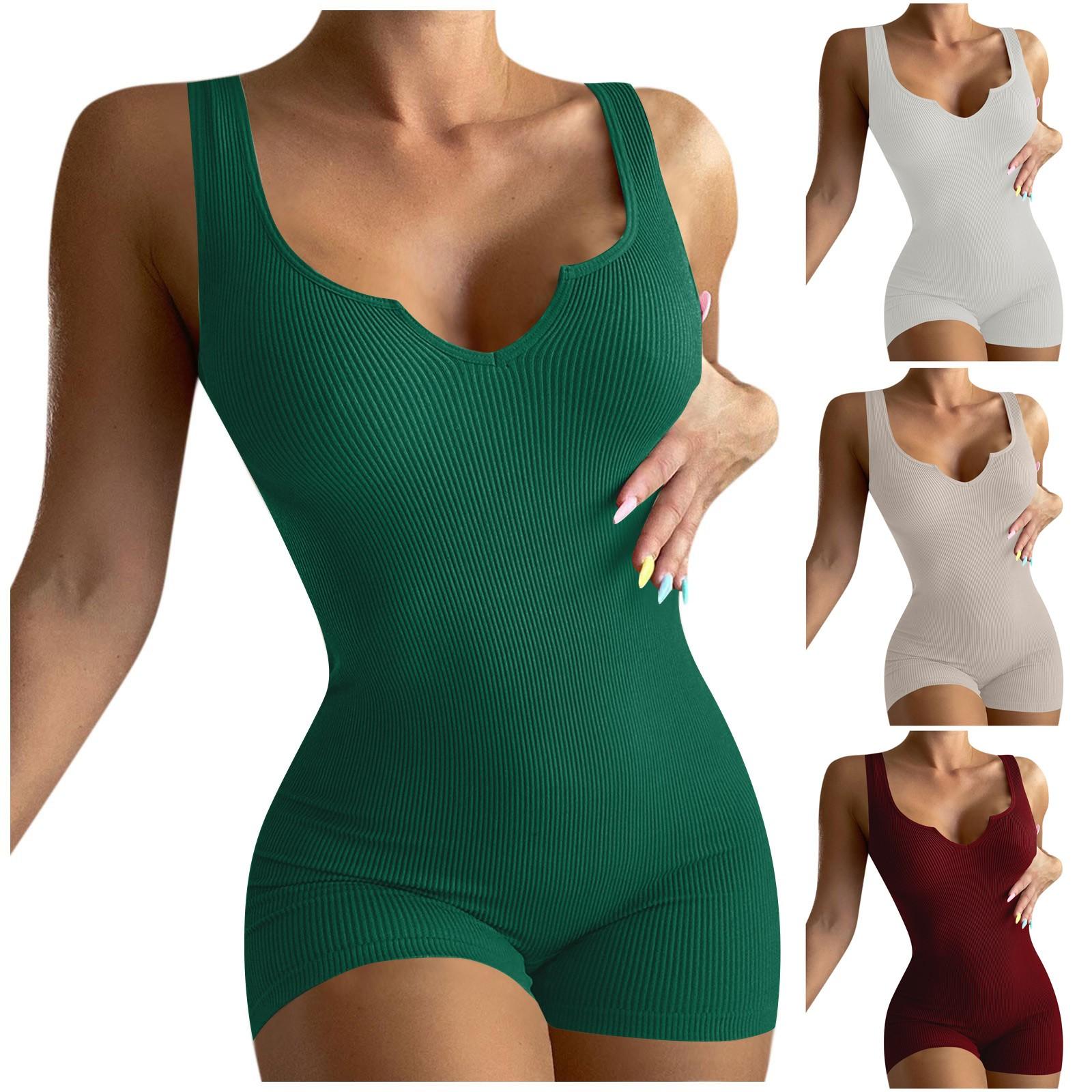 

Женский модный летний однотонный облегающий повседневный комбинезон с небольшим v-образным вырезом и резьбой L бежевый