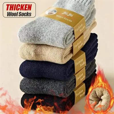 5 Pares/Lote Meias Masculinas Inverno Quente Lã Merino Sólidas Meias Sólidas Super Grossas Neve Frio Macias Confortáveis Meias Longas de Lã EU38-46