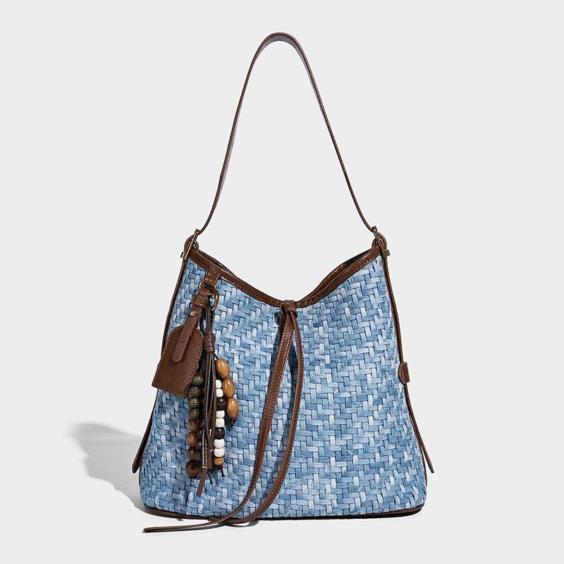 

2025 New Trendy Versatile Simple Woven Bucket Bag Large Capacity Tote Bag Fashionable Shoulder Crossbody Bag for Women Denim Blue（No Hanging O