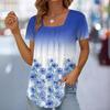 Tshirt Womens 2024 Print Floral Square Neck Pleated Short Sleeve Pullover Top Ladies Summer Casual Tshirt Vacation Shirts