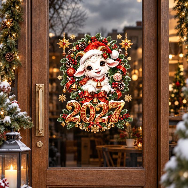 2027 Happy Christmas Decoration Sheep Window Decals Christmas Window Stickers Shopping Mall Showcase Festive Decor