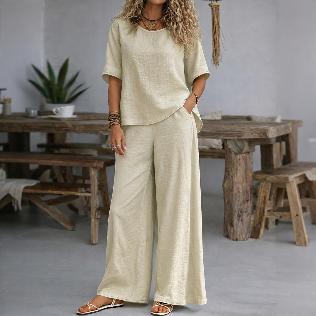 Women's Two Piece Casual Lounge Set Short Sleeve Loose Top Wide Leg Pants Lightweight Soft Fabric Comfortable Fit Summer Outfit