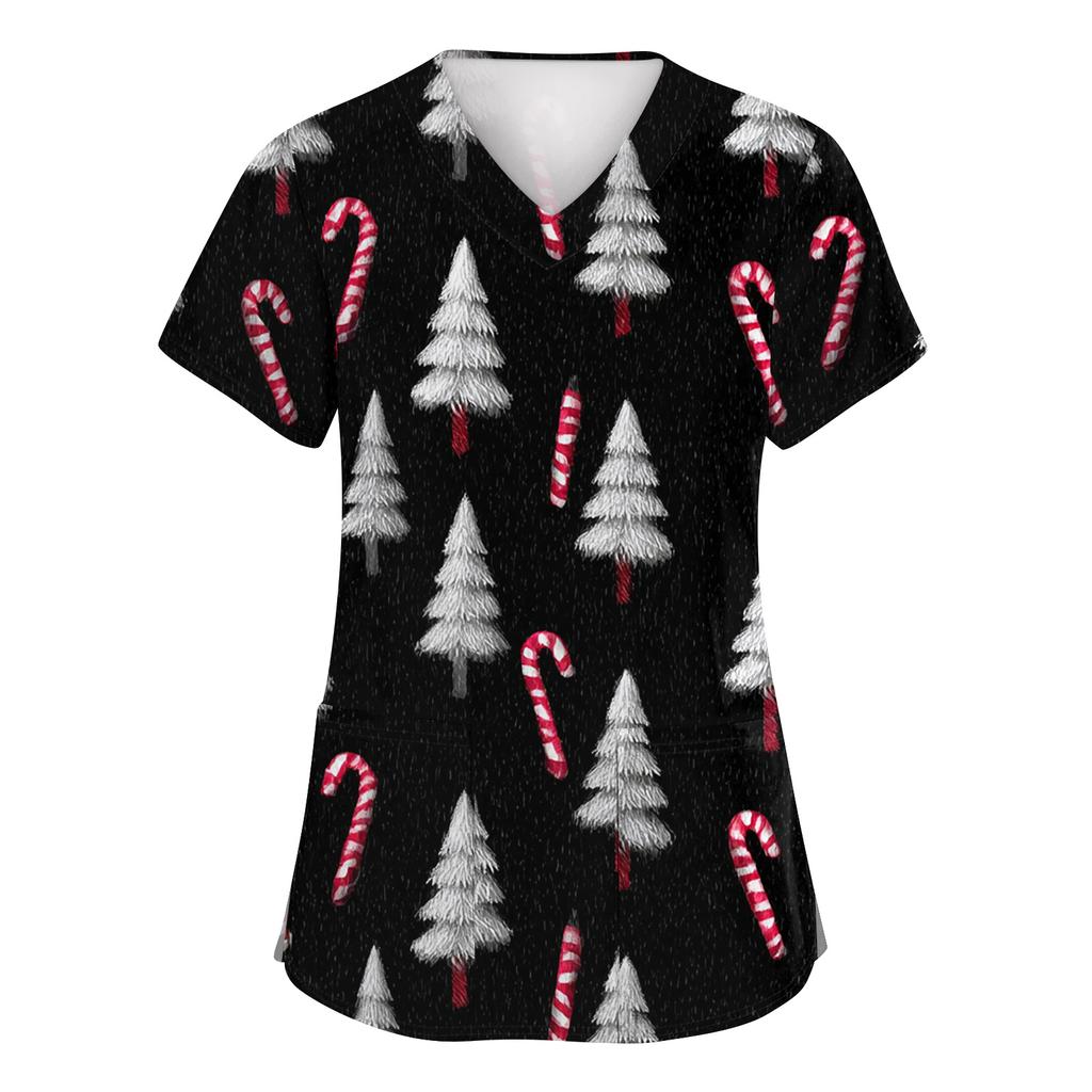 Dammode Kortärmad Jultryck V-ringad Ficka Arbetskläder Toppar