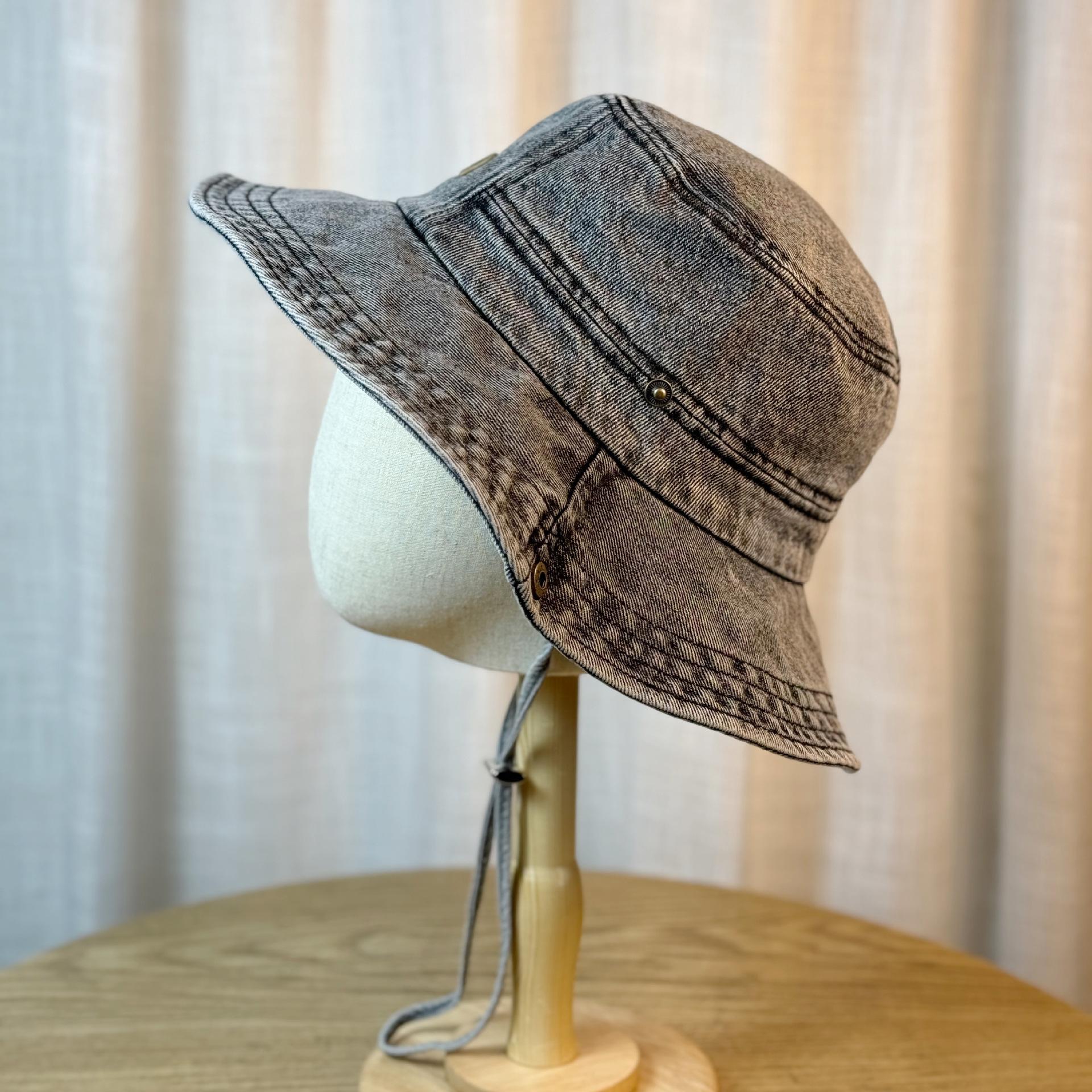 

New washed distressed denim fisherman hat for women, makes the face look smaller, Japanese style, suitable for large head sizes, sun protection, 54-60Adjustable чёрный