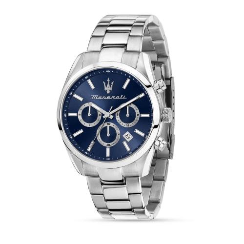 Maserati Men's Attrazione Quartz Watch with Luminous Dial and Hands, 5ATM Water Resistance, 43mm Blue and Silver, Business Style, R8853151005, Officia