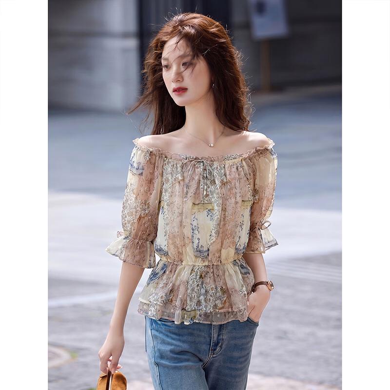 French Style Floral One-Shoulder Puff Sleeve Top XL
