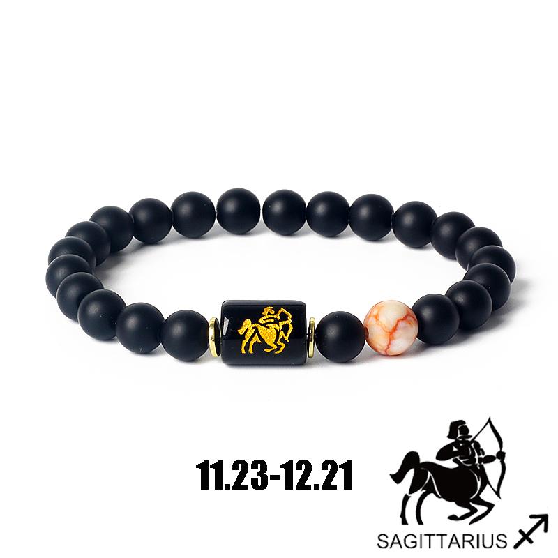 12 Constellation Bracelets for Women 12 Zodiac Signs Horoscope Charm Couple Bracelet Natural Black Onyx Friendship Jewelry Gifts 8mm Beads&17cm(6.69inch)