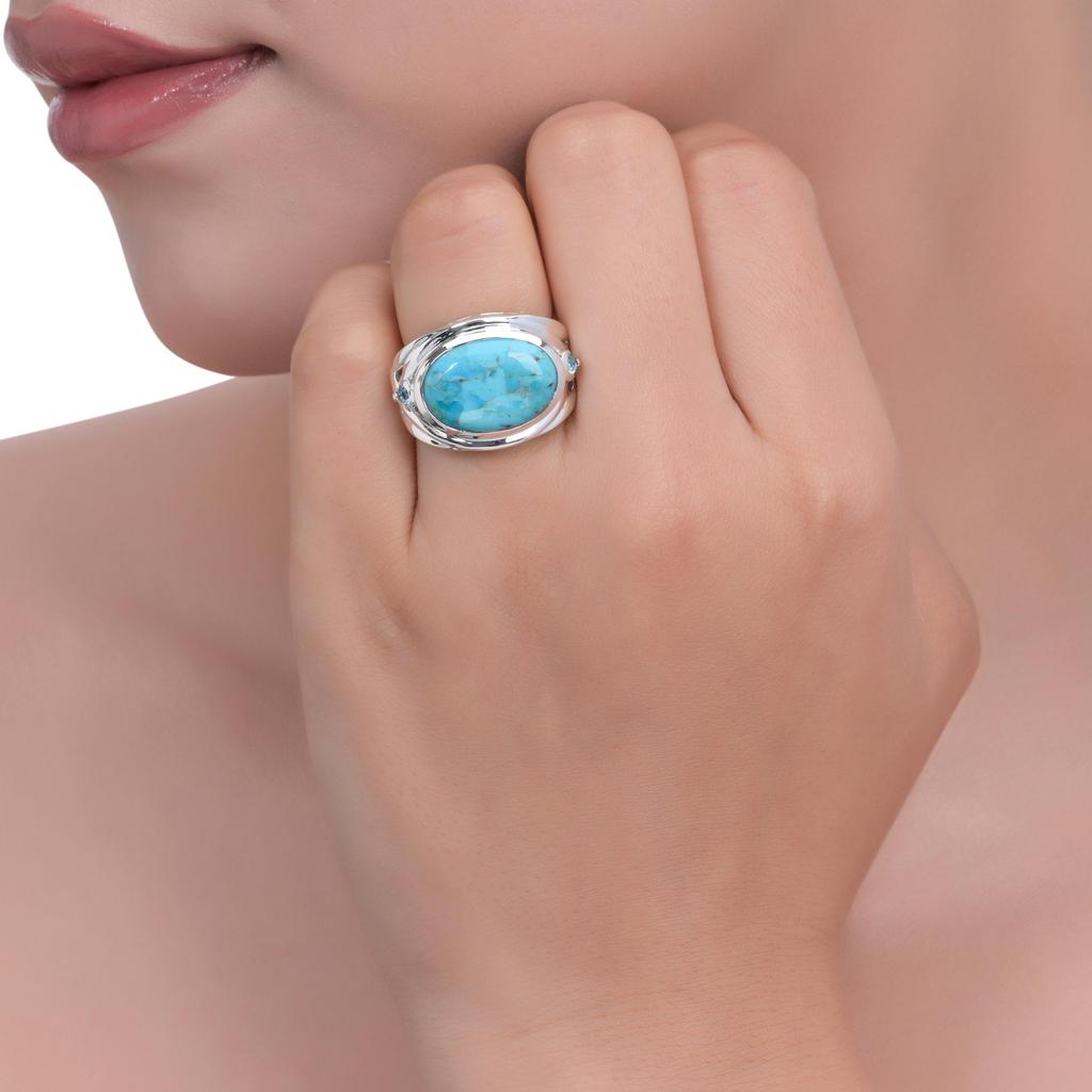 Sterling Silver Turquoise Ring - Oval Blue Gemstone Ring with Geometric Cut-Out Band and Blue Topaz Accent - Southwestern Statement Jewelry