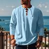 Maglietta da Uomo a Maniche Lunghe Autunnale con Scollo a V e Vestibilità Ampia in Cotone Canapa Tinta Unita Camicia Ruche da Spiaggia