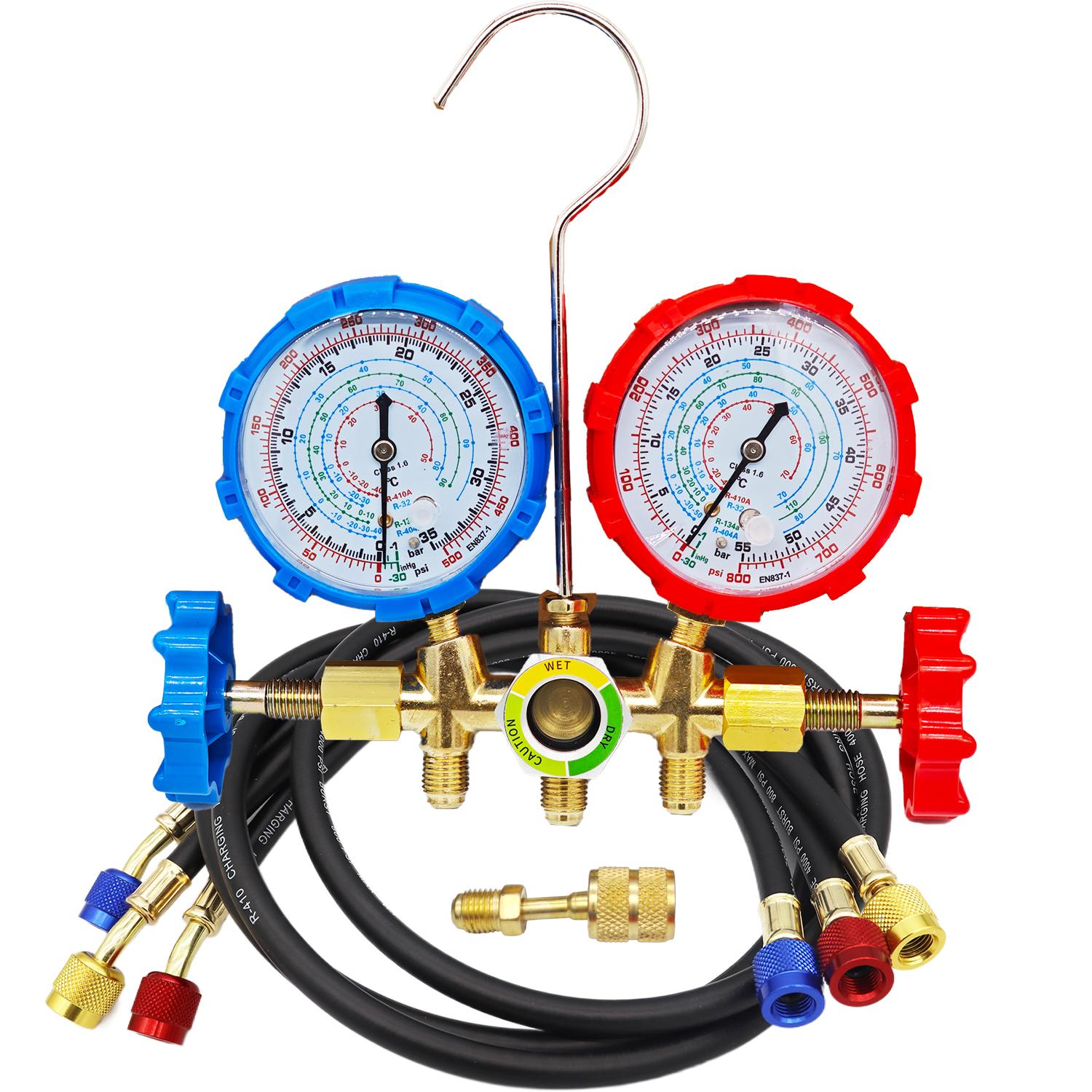 

Манометрический коллекторный набор Диагностический инструмент для кондиционирования воздуха Крюк Шланг для хладагентов R410A R32 R404A R134A Заправка хладагентом