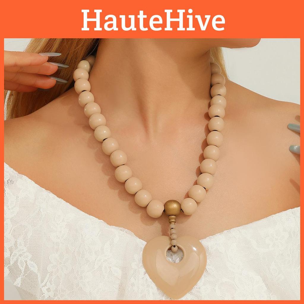 Wooden Summer Beaded Necklace Women Stretch Chain Geometric Pendant Decoration