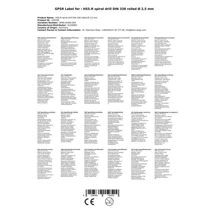 Foret Spirale HSS-R 2,5 mm DIN 338 - Foret Métal Acier