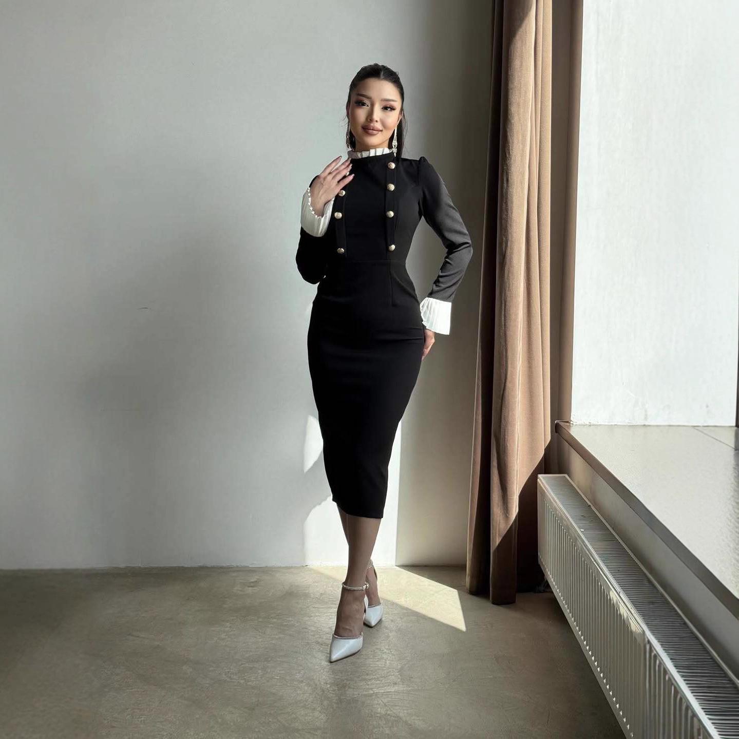 

2025 Autumn French Hepburn Style Stand-Up Collar Button Hip-Wrap Dress Large чорний